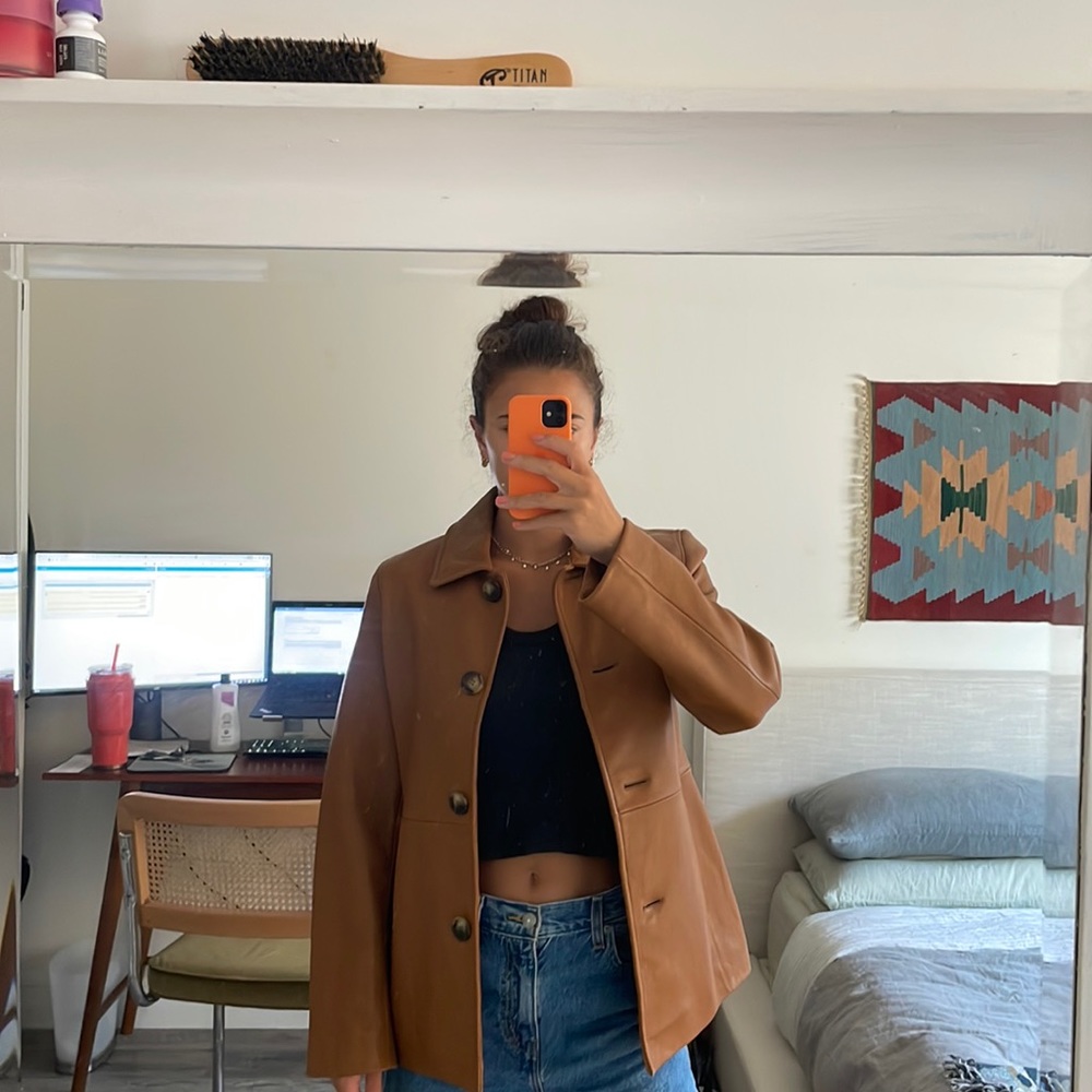 Michael kors camel brown leather button up jacket